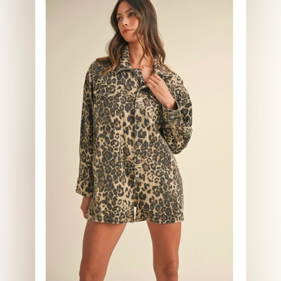 Leopard Print Denim Button Down Romper - Picture 2 of 7